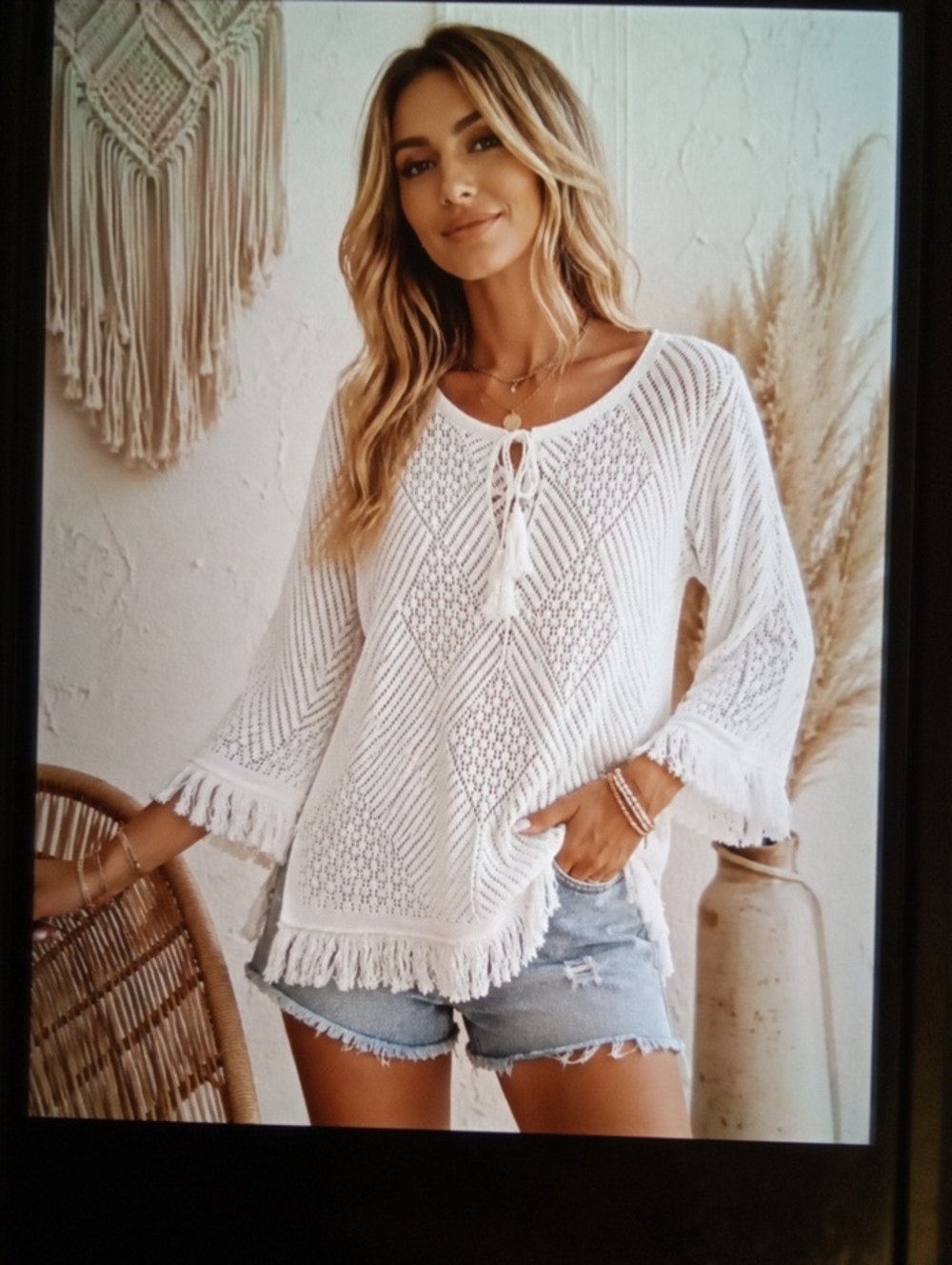 Greylin White Open Knit Fringe Hem Tassel Boho Coastal Beach Festival Top Sz S